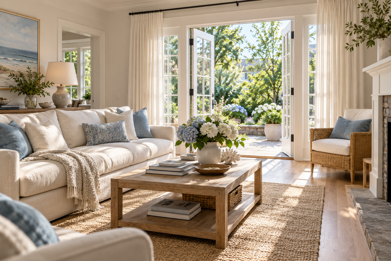 A bright coastal living room with linen seating and natural wood furnishings